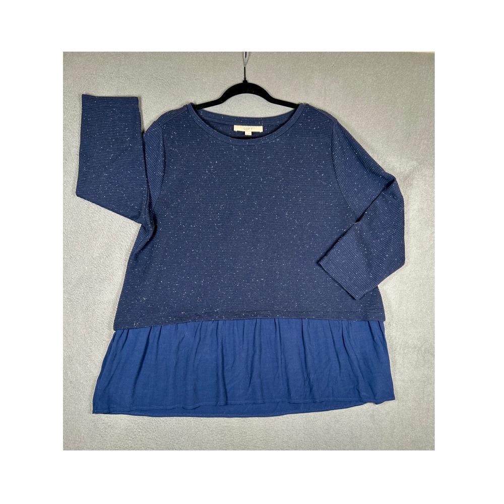 LOFT Top Women XL Blue Mixed Media Ribbed Knit Speckled Peplum Hem 3/4 Sleeve